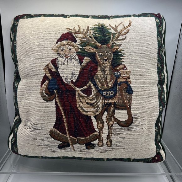 Vintage Tapestry Christmas Old World Santa Reindeer Toss Throw Pillow 16x16" - Picture 4 of 12